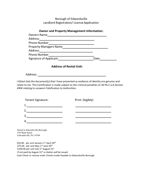 First page of the Landlord Registration/License Application