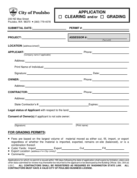First page of the Clearing and Grading Permit Application