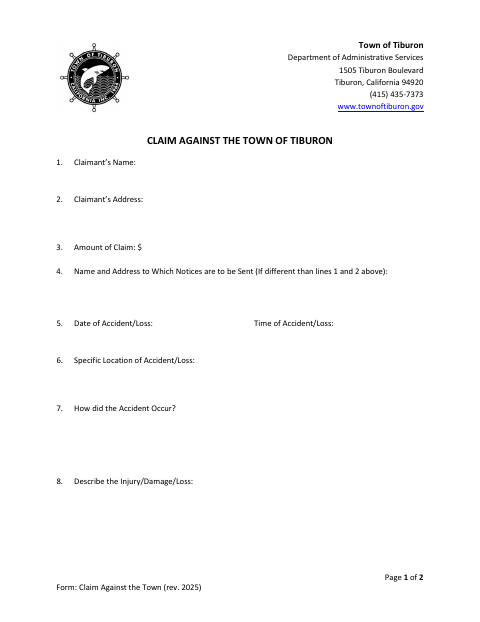 First page of the Claim Against the Town Form