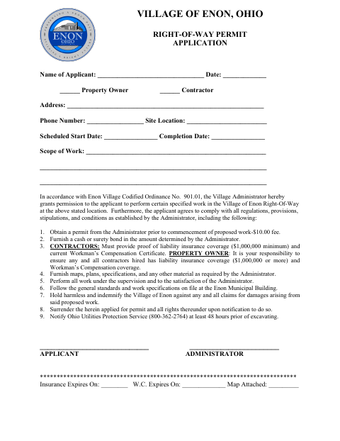 First page of the Right-of-Way Permit Application