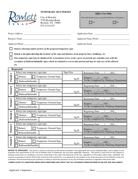 First page of the Temporary Sign Permit Application