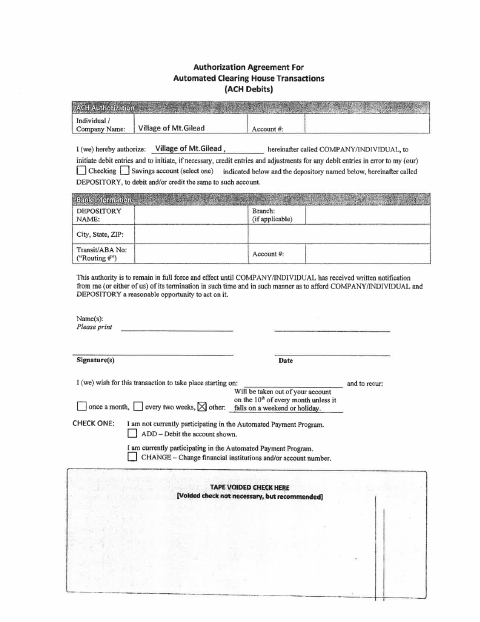 First page of the ACH Debit Authorization Form