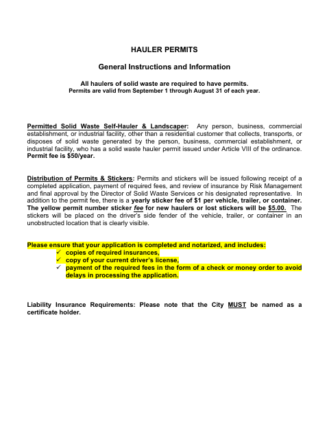 First page of the Commercial Hauling Permit Application
