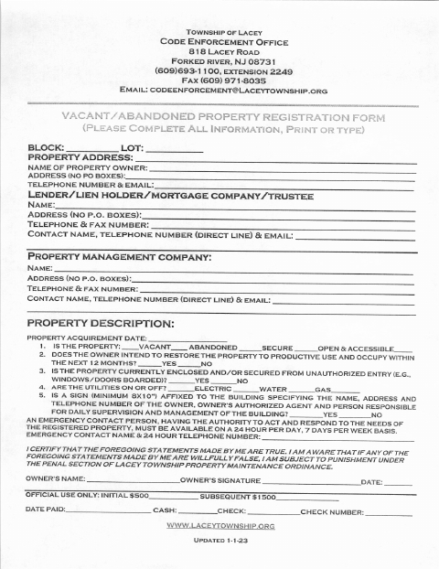 First page of the Vacant Property Registration Form