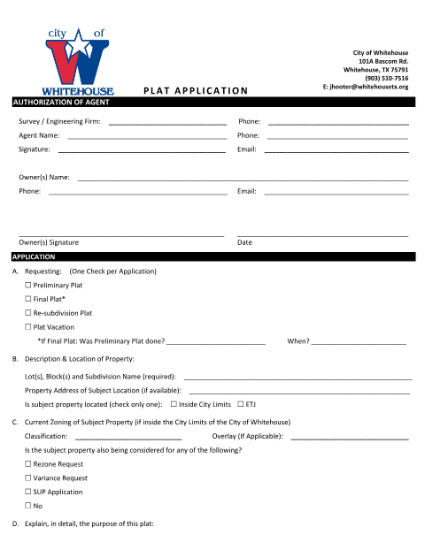 First page of the Plat Request Application