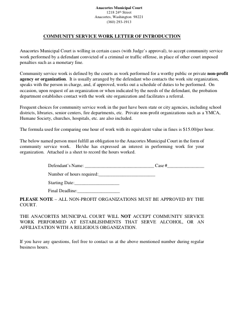 First page of the Community Service Work Letter of Introduction