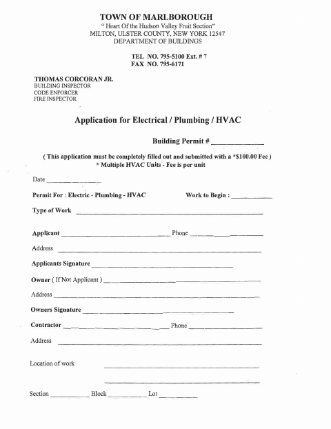 First page of the Electrical/Plumbing/HVAC Permit Application
