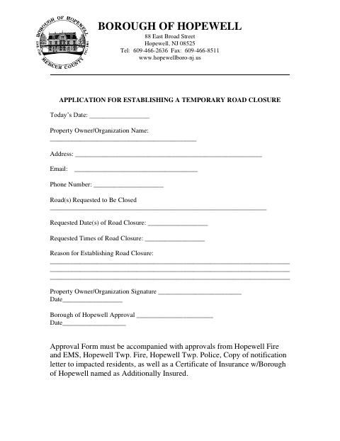 First page of the Application for Establishing a Temporary Road Closure