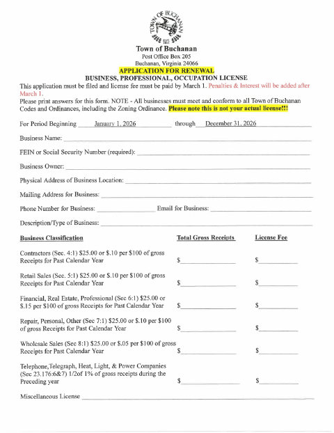 First page of the Business License Renewal Application