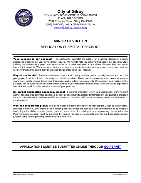 First page of the Minor Deviation Checklist