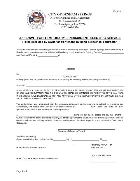 First page of the Affidavit for Temporary–Permanent Electric Service