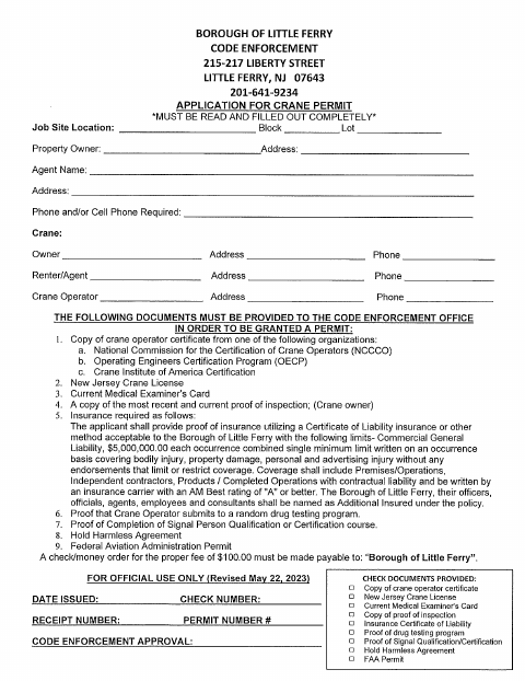 First page of the Crane Permit Application