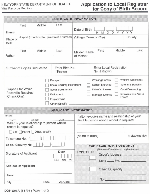 First page of the Birth Certificate Application