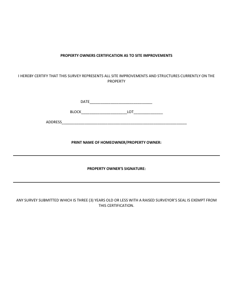 First page of the Property Owners Certification as to Site Improvements