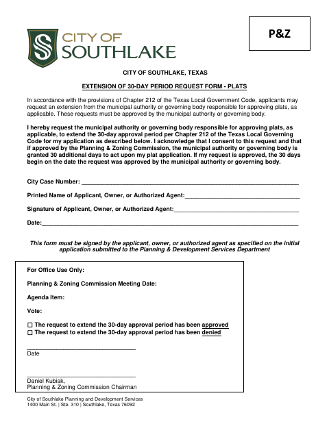 First page of the Extension of 30-Day Period Request Form – Plats