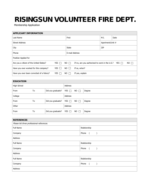 First page of the Volunteer Fire Department Membership Application