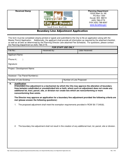 First page of the Boundary Line Adjustment Application