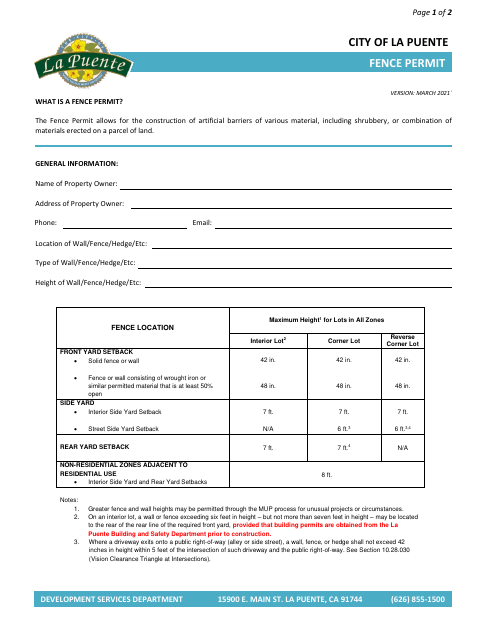 First page of the Fence Permit
