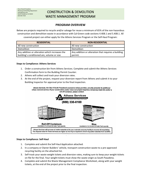 First page of the Construction & Demolition Waste Management Program