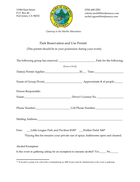 First page of the Park Reservation and Use Permit