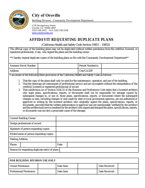 First page of the Affidavit Requesting Duplicate Plans