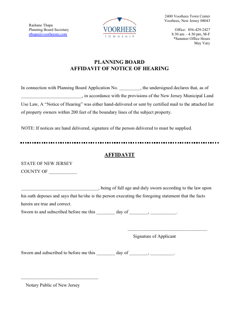 First page of the Planning Board Affidavit of Notice of Hearing