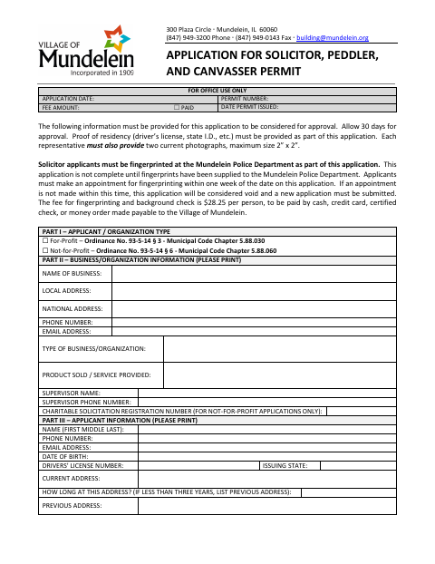 First page of the Application for Solicitor, Peddler, and Canvasser Permit