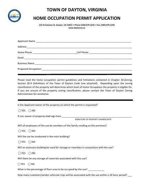 First page of the Home Occupation Permit Application
