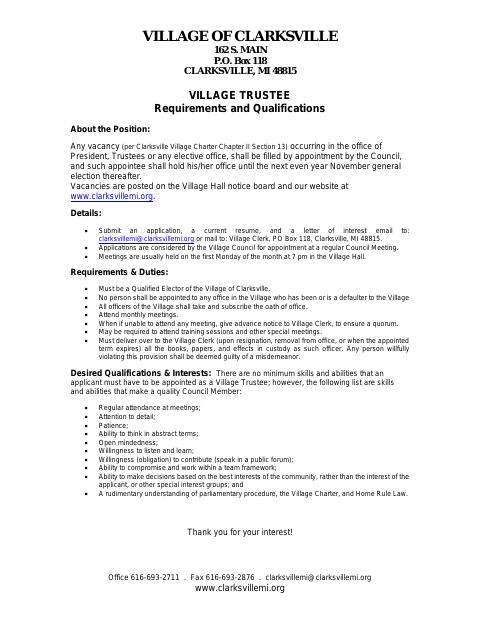 First page of the Village Council Trustee Application