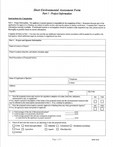 First page of the Zoning Board Short Environmental Assessment Form