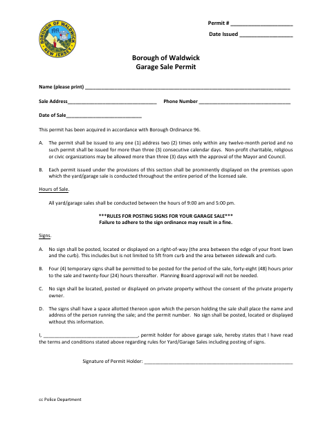 First page of the Garage Sale Permit