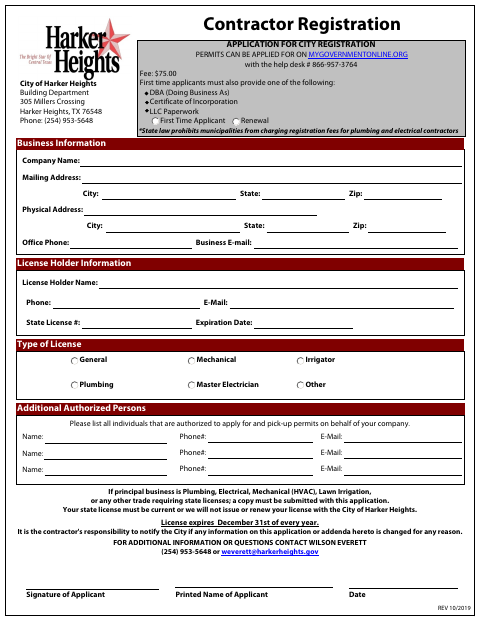First page of the Contractor Registration