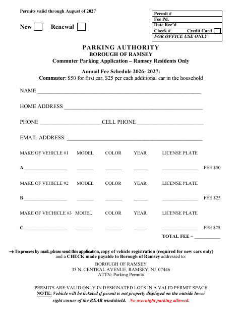 First page of the Commuter Parking Application 2026–2027