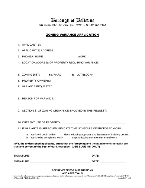 First page of the Zoning Variance Application
