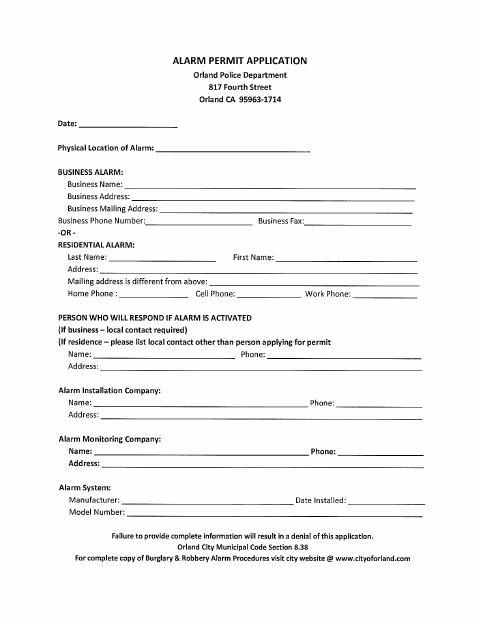 First page of the Alarm Permit Application
