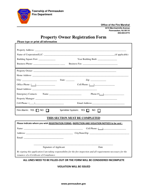 First page of the Property Owner Registration Form