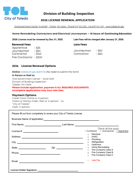 First page of the 2026 Trade License Renewal Application