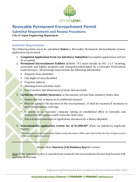 First page of the Revocable Permanent Encroachment License Application