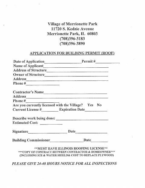 First page of the Building Permit Application (Roof)