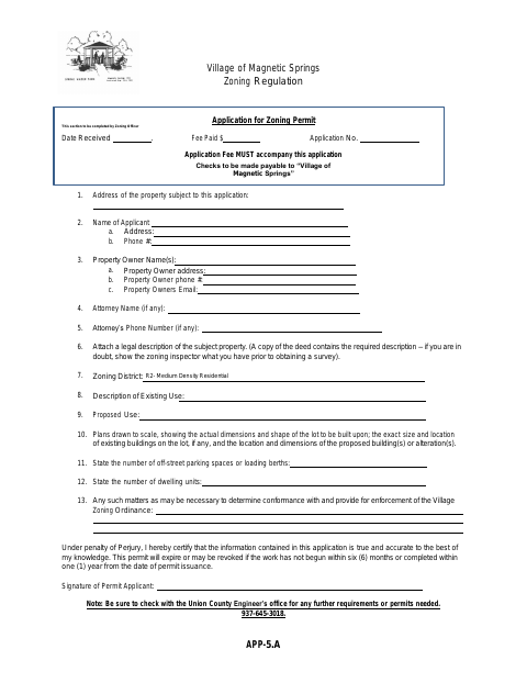 First page of the Application for Zoning Permit