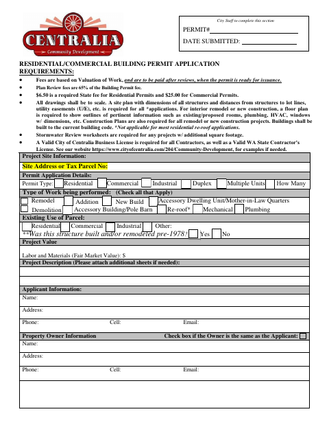 First page of the Residential/Commercial Building Permit Application