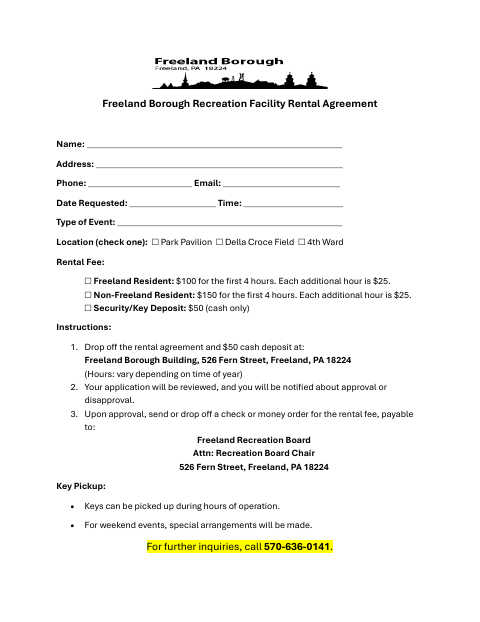 First page of the Recreation Facility Rental Agreement