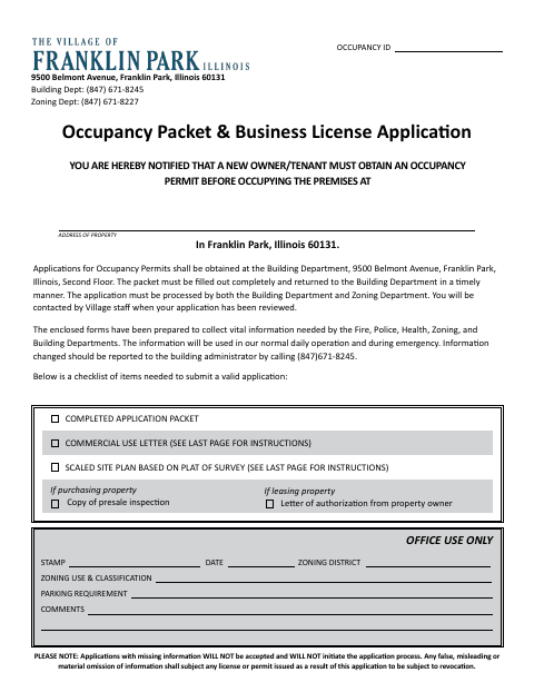 First page of the Occupancy Packet & Business License Application