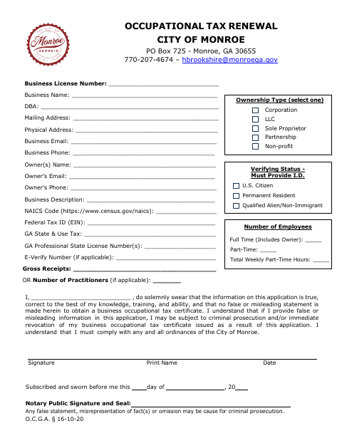 First page of the Occupational Tax Renewal