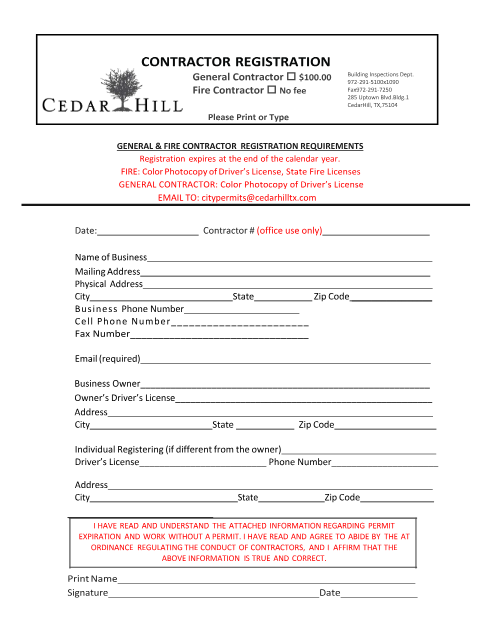 First page of the Fire/General Contractor Registration