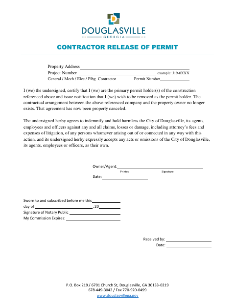First page of the Contractor Release of Permit
