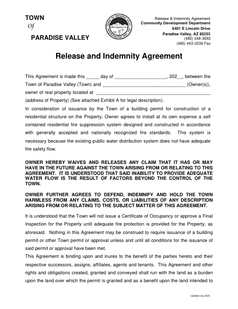 First page of the Release And Indemnity Agreement