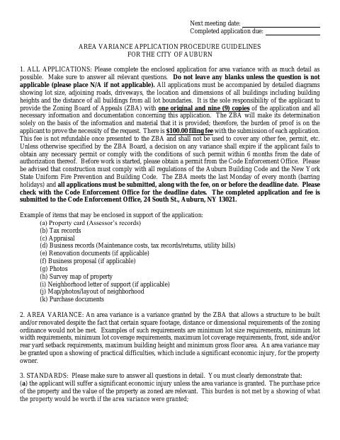 First page of the Area Variance Application