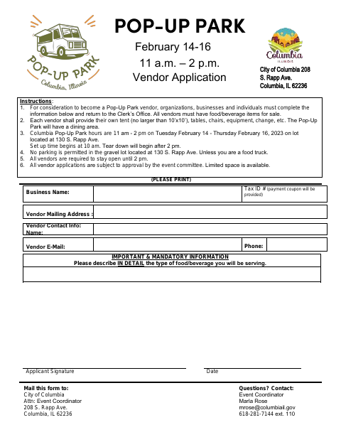 First page of the Pop-Up Park Vendor Application