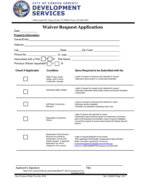 First page of the Waiver Request Application